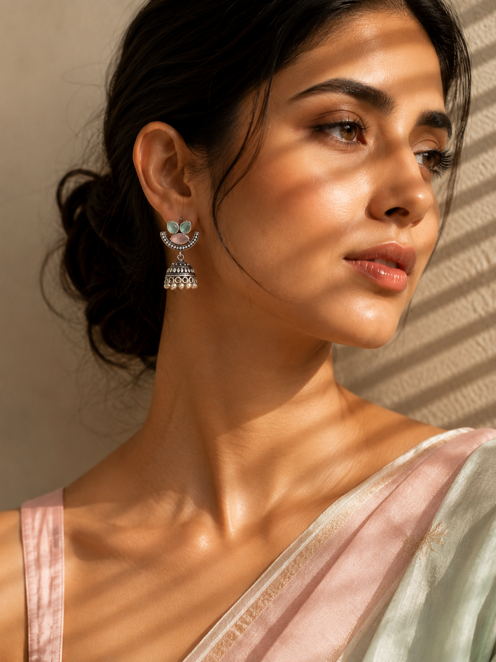 Silver Oxidized Pink Green Jhumka