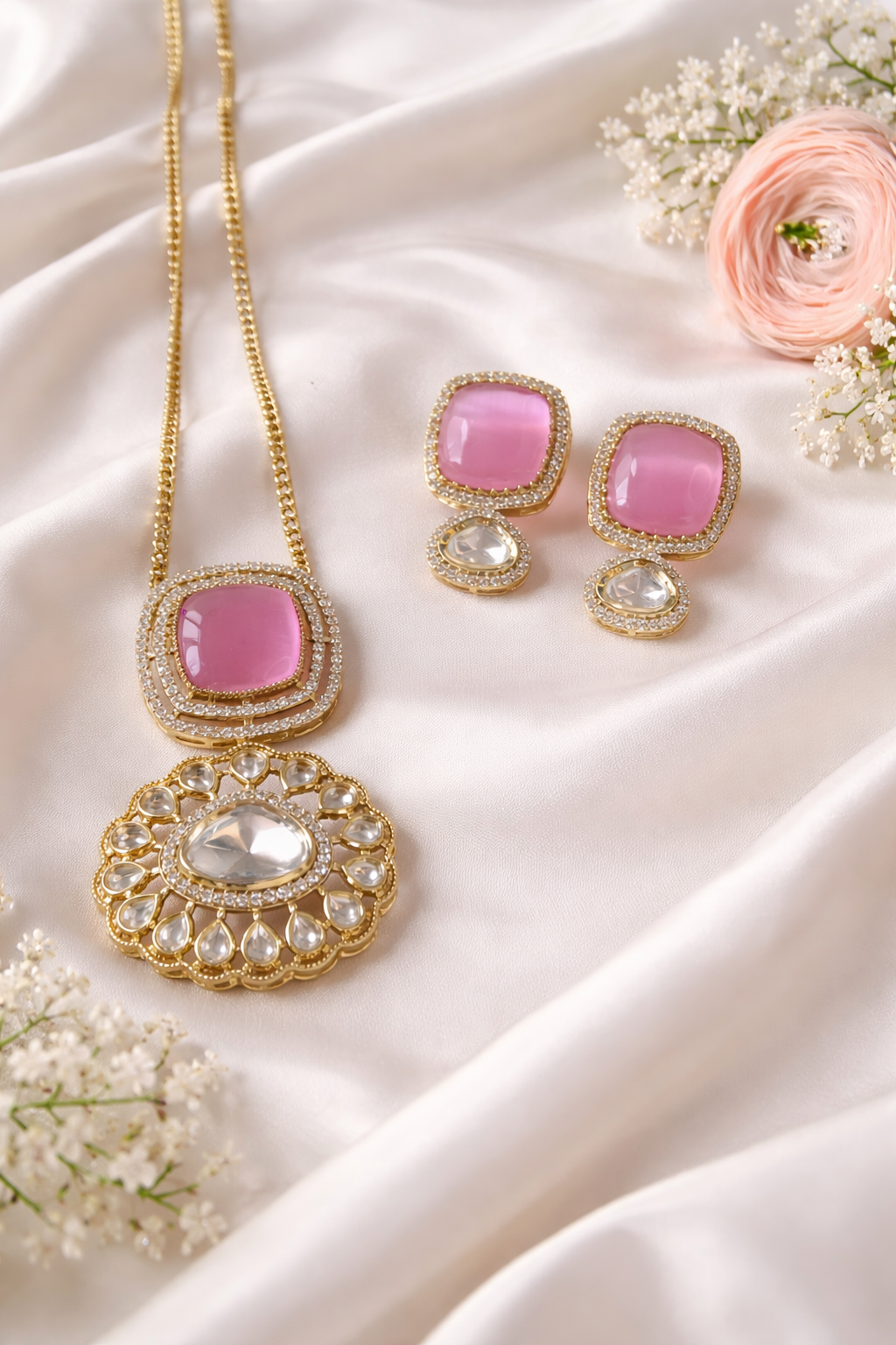 Classic Kundan Necklace Set With Pink Stone
