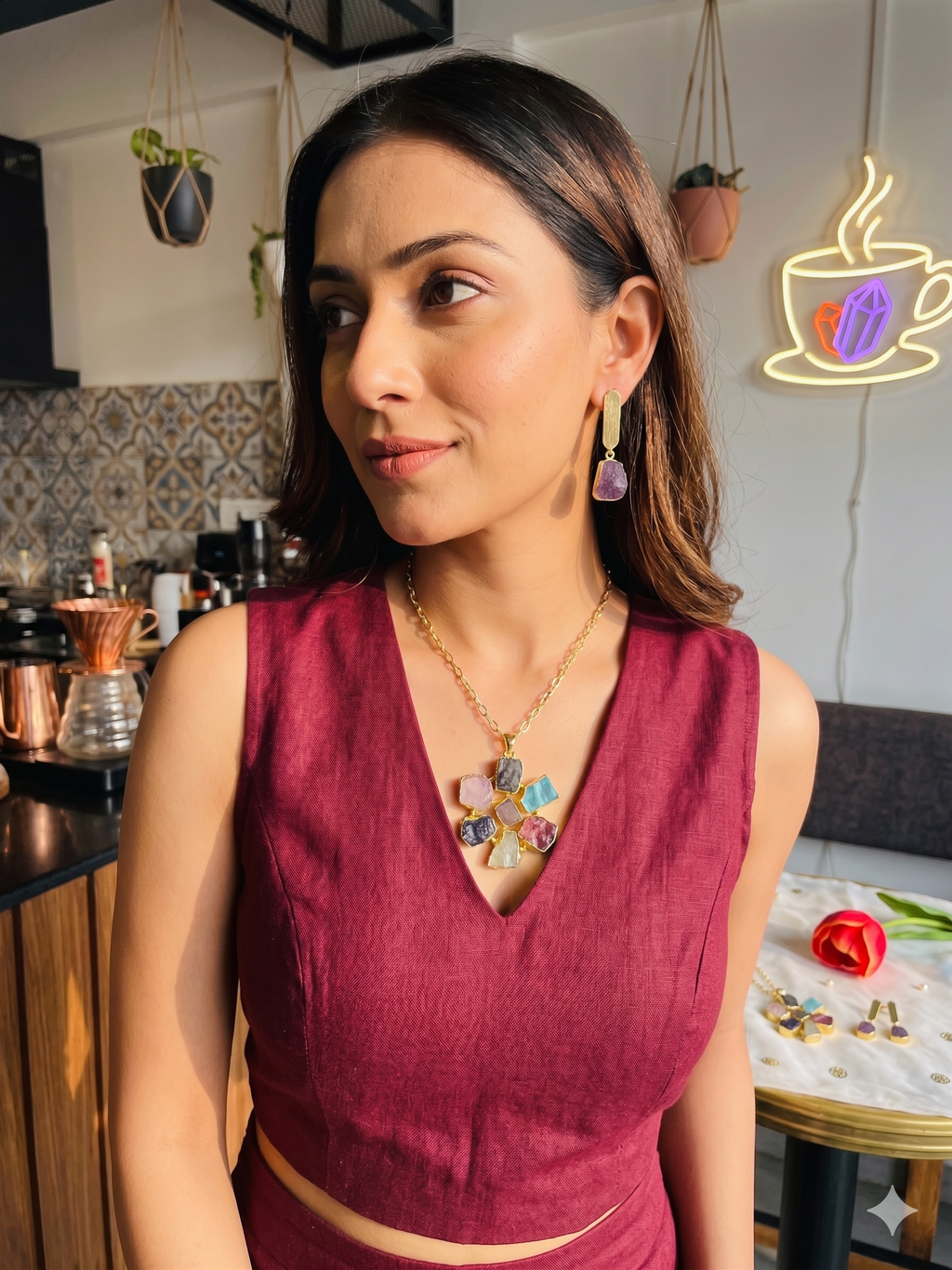 Raw Stone Flower Necklace Set