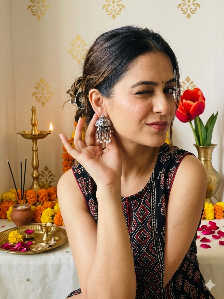 Silver Oxidized Elephant Earring
