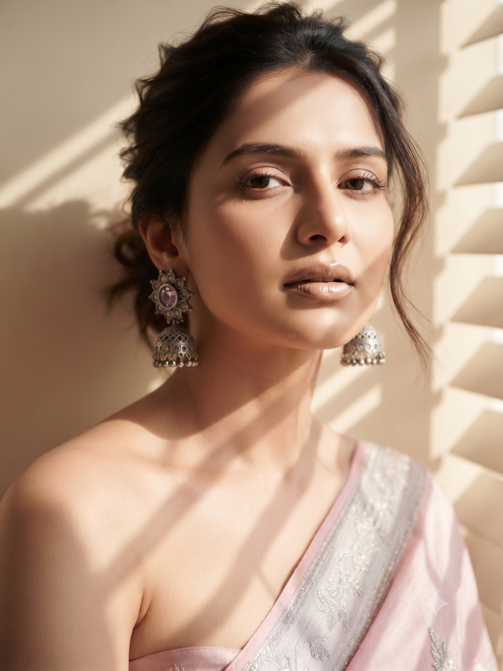 Silver Oxidized Pink Stone Jhumka