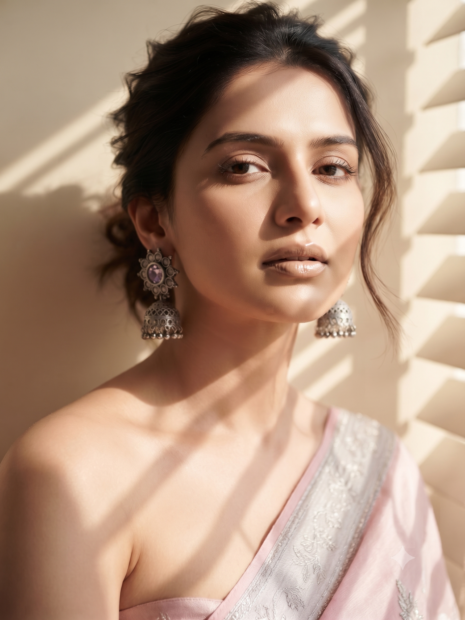 Silver Oxidized Pink Stone Jhumka