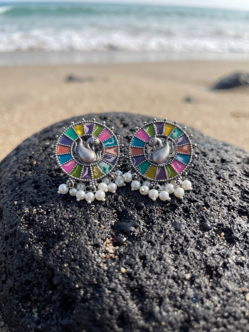 Silver Oxidized Multi Painted Earring