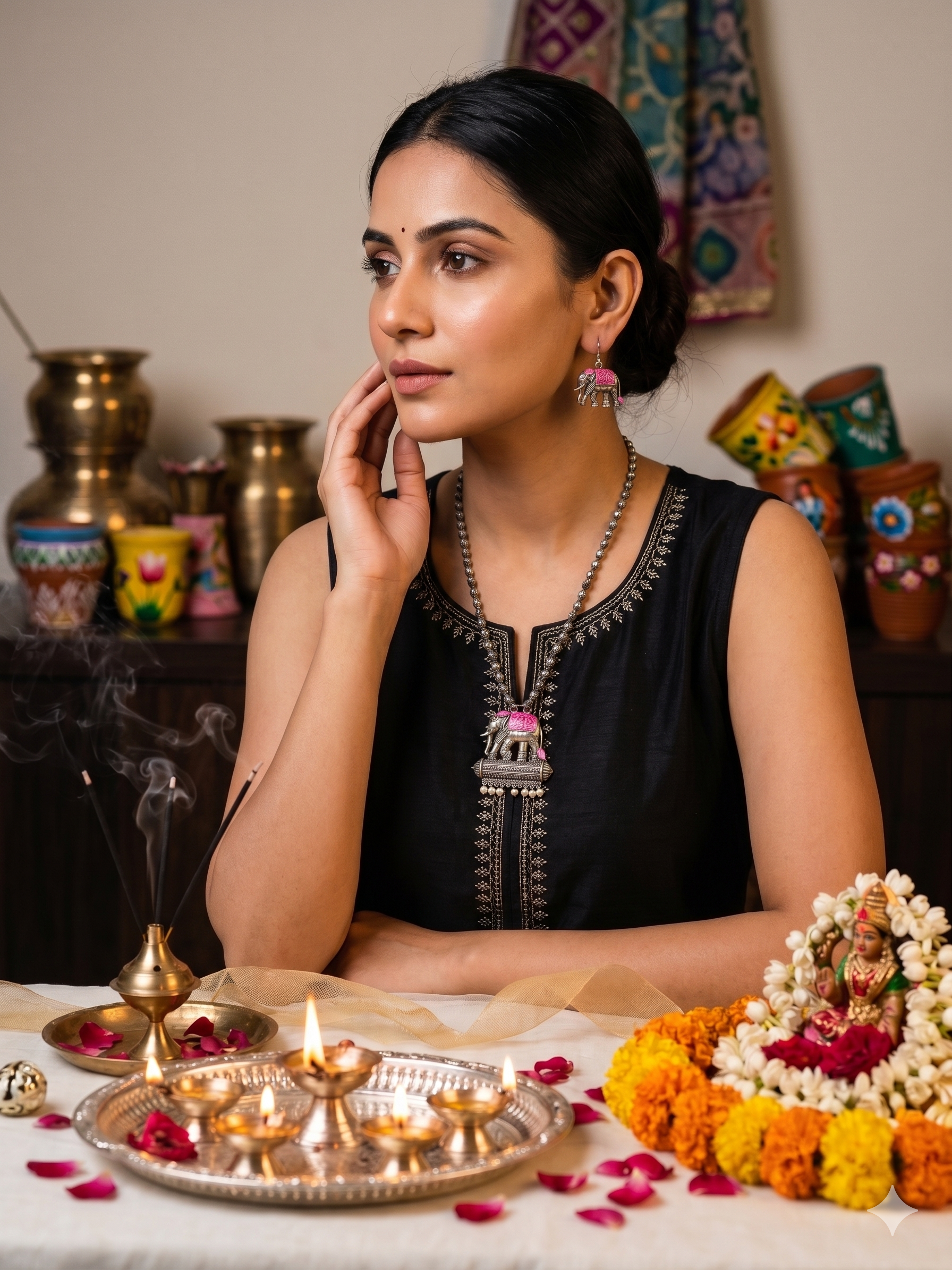 Hand Painted Oxidized Necklace Set