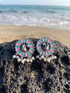 Silver Oxidized Pink Green Round Stud