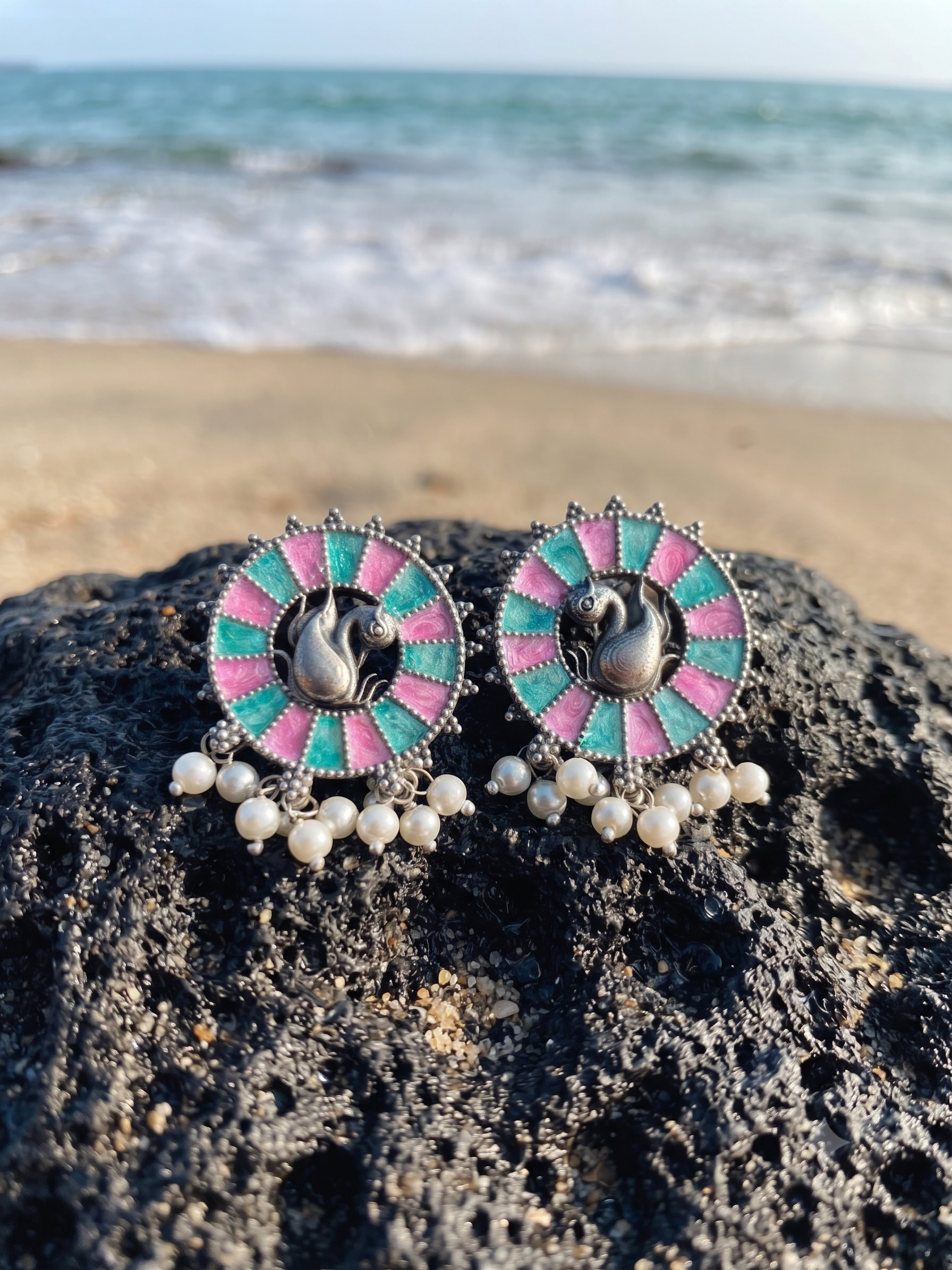 Silver Oxidized Pink Green Round Stud