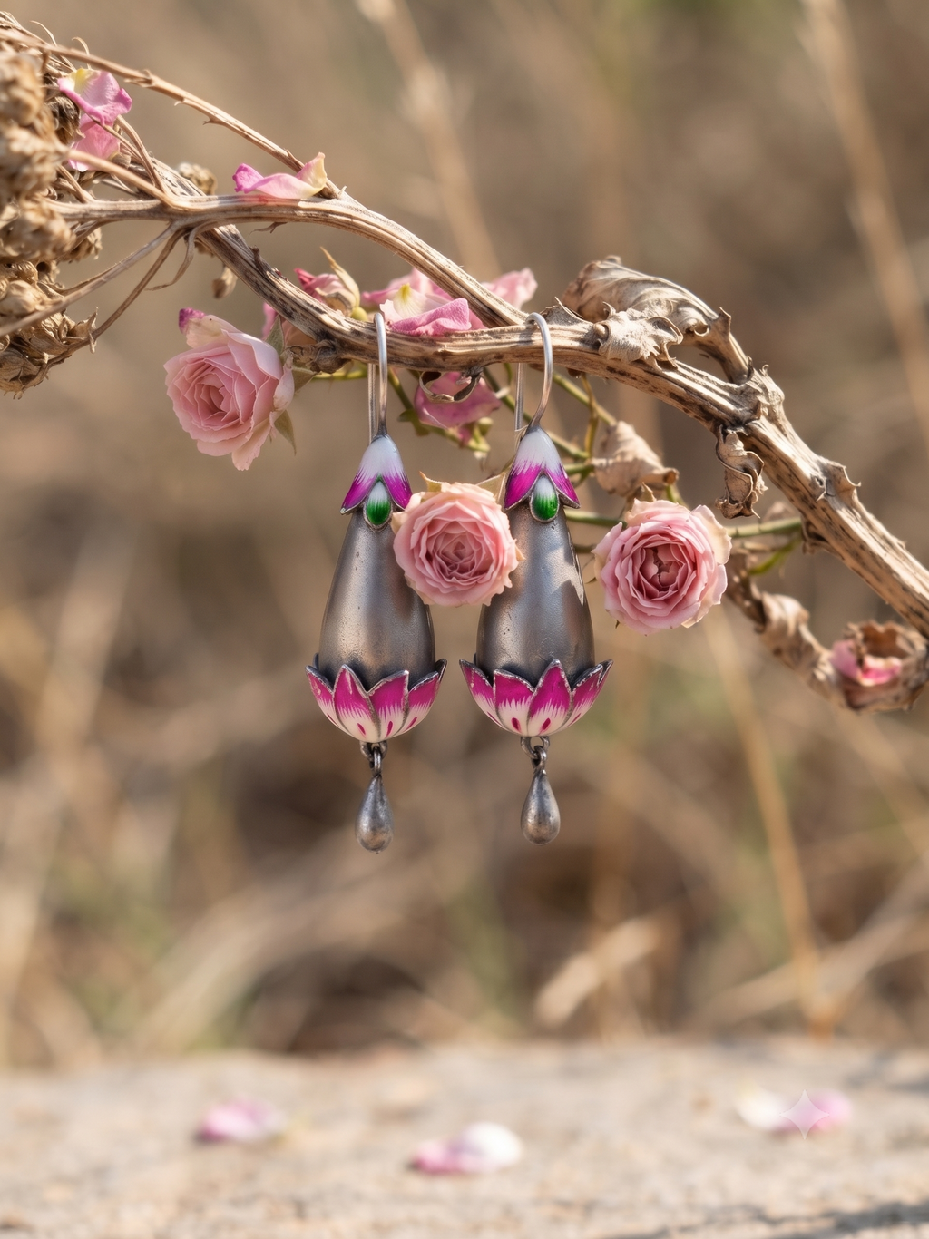 Silver Oxidized Lotus Earring