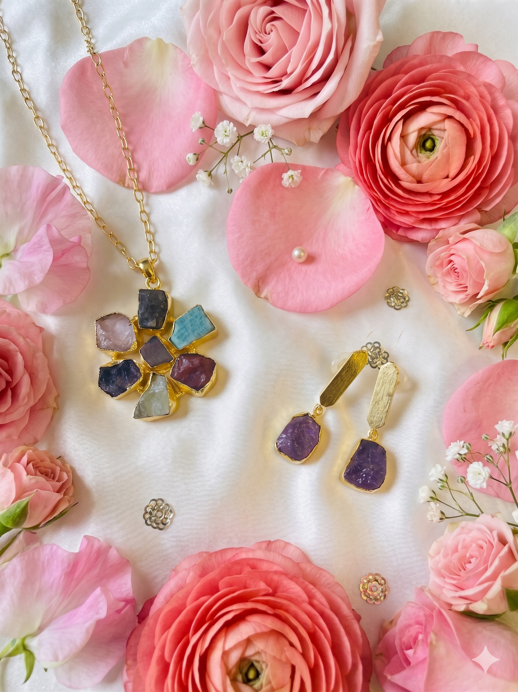 Raw Stone Flower Necklace Set