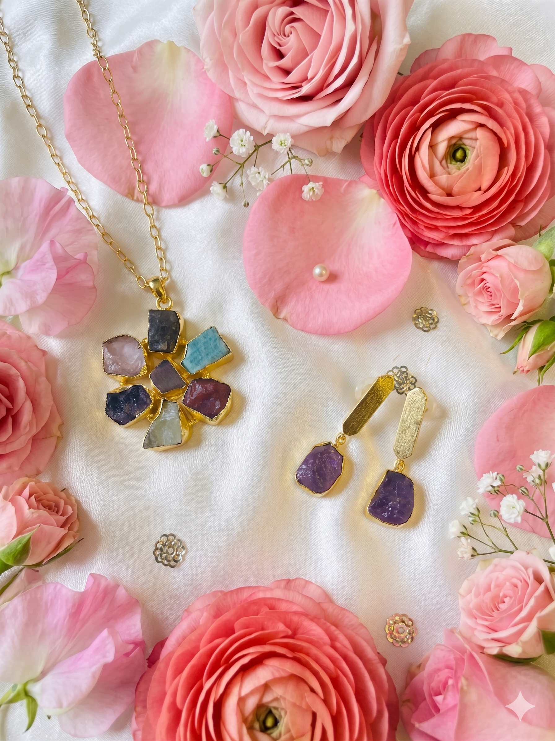 Raw Stone Flower Necklace Set