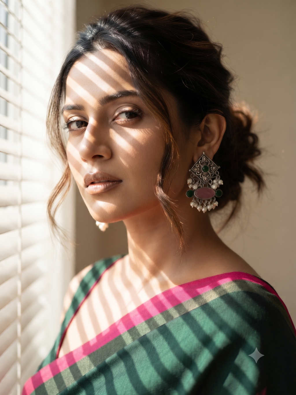 Silver Oxidized Pink and Green Drop Earrings