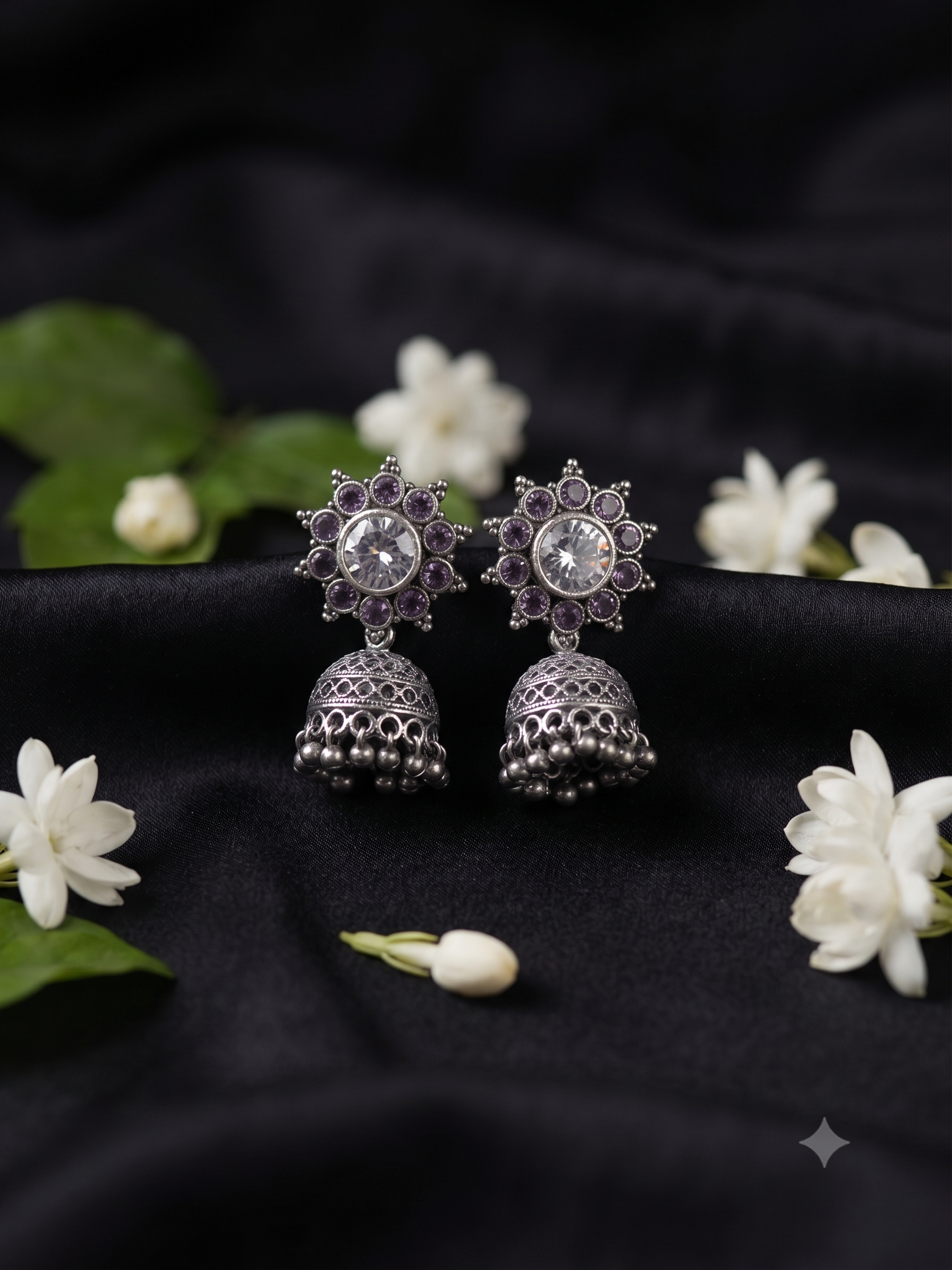 Silver Oxidized White and Purple Jhumka