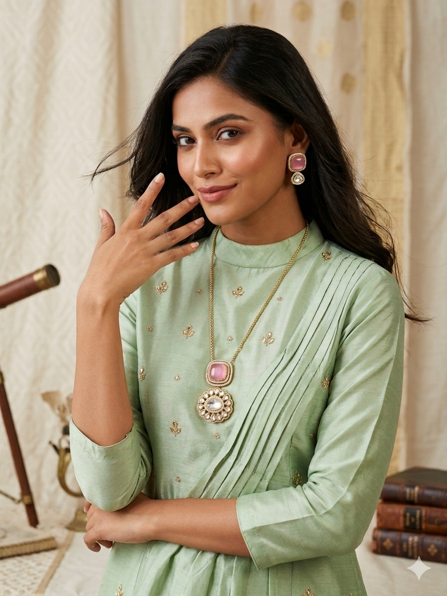 Classic Kundan Necklace Set With Pink Stone