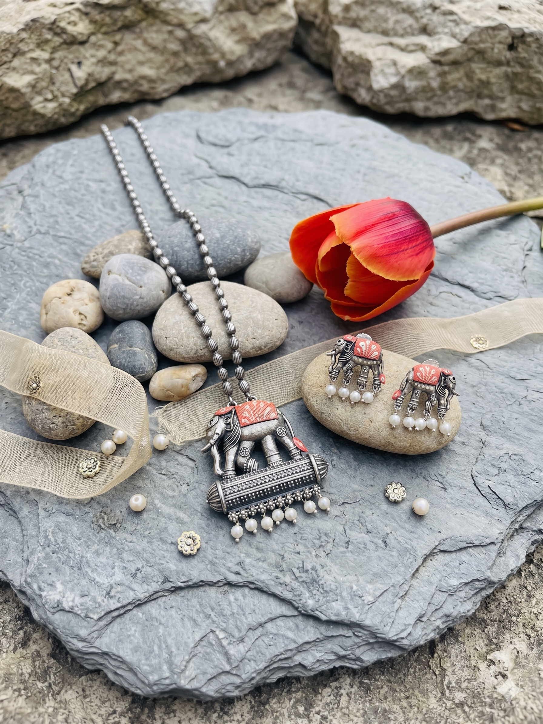 Hand Painted Oxidized Necklace Set