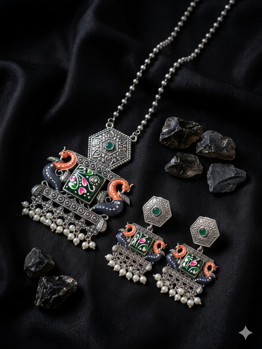 Hand Painted Oxidized Necklace Set