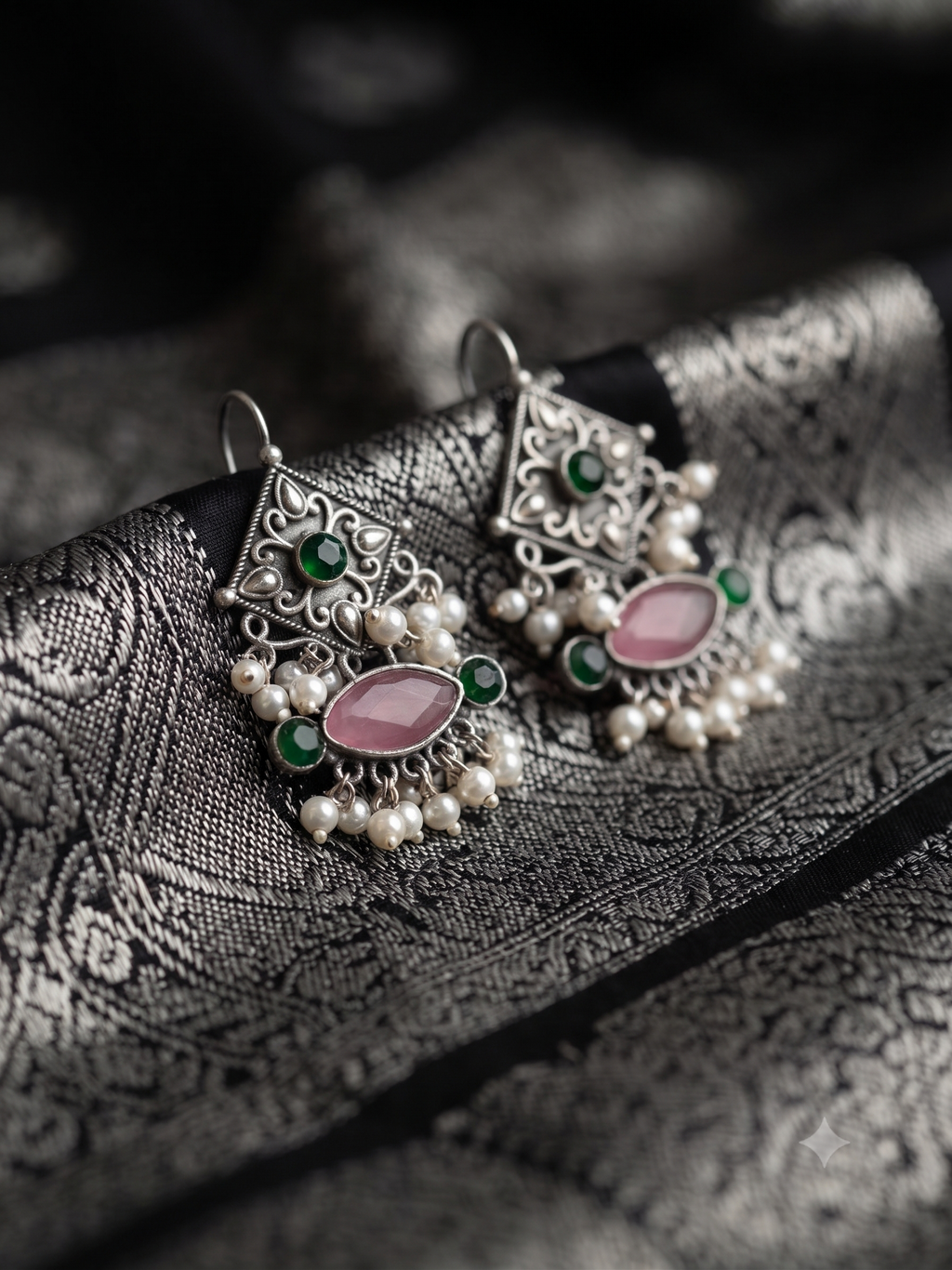 Silver Oxidized Pink and Green Drop Earrings