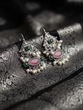 Silver Oxidized Pink and Green Drop Earrings