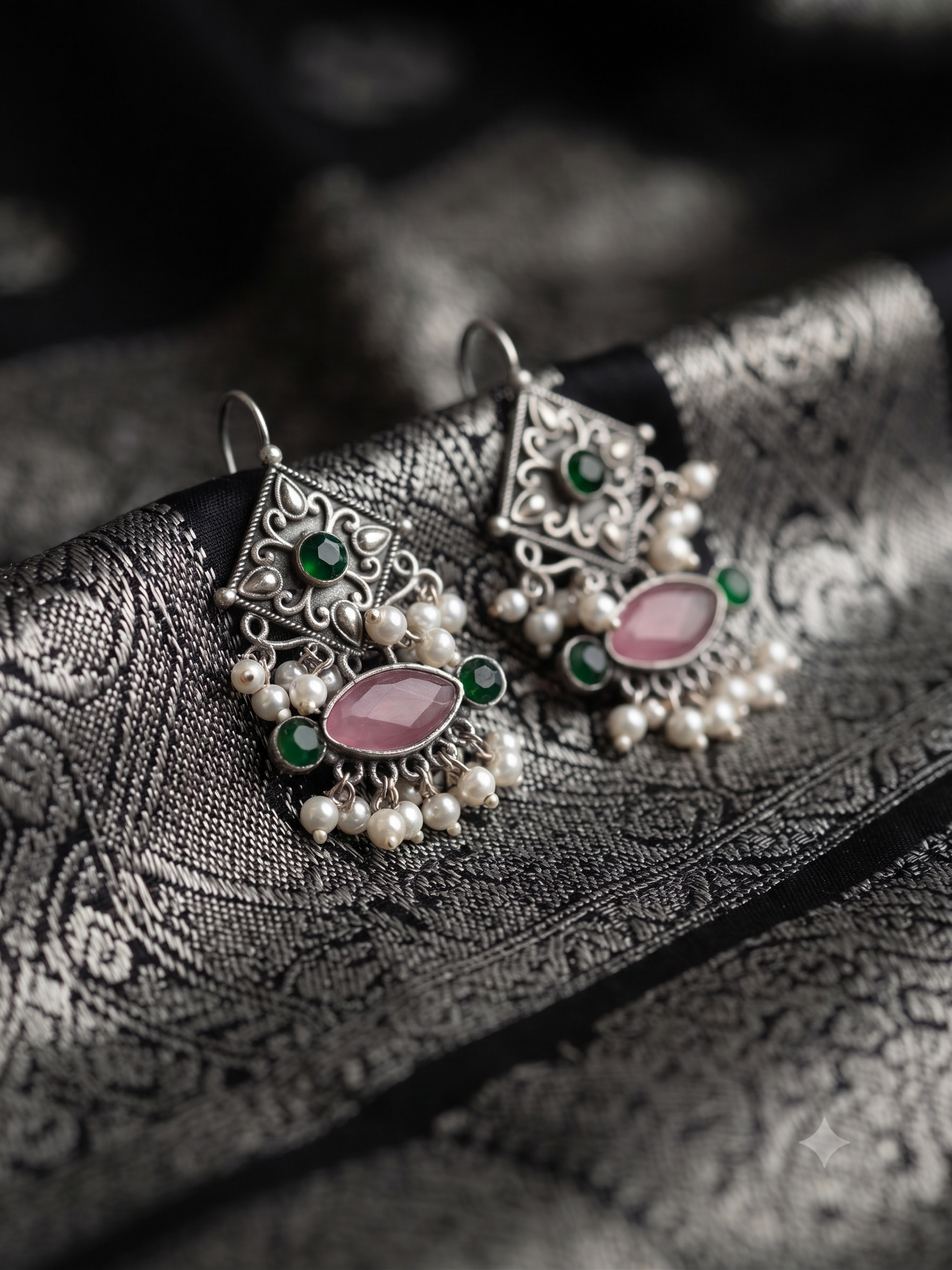 Silver Oxidized Pink and Green Drop Earrings