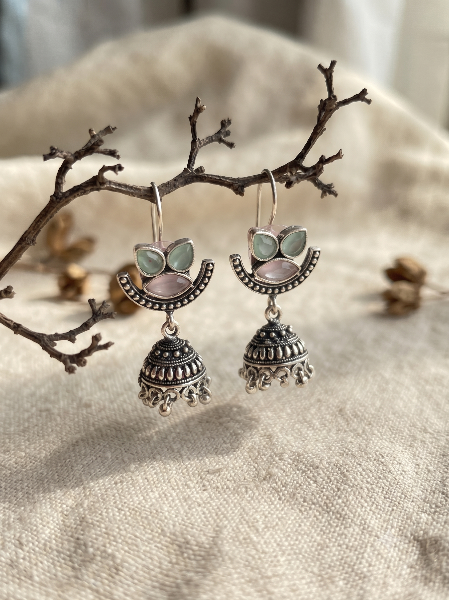 Silver Oxidized Pink Green Jhumka