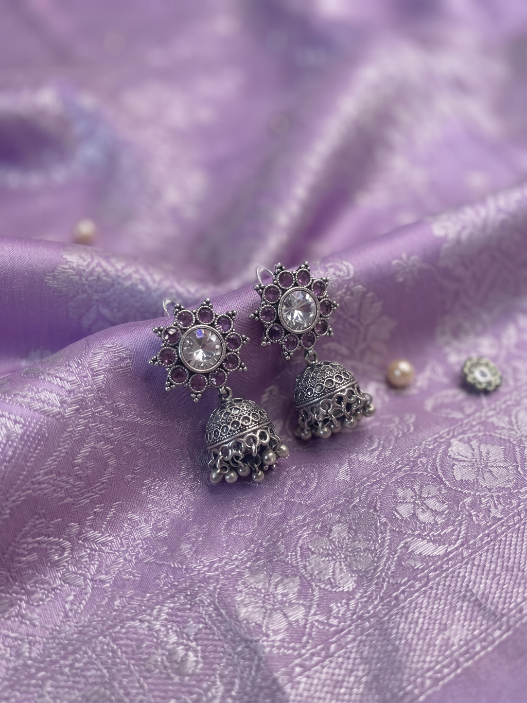 Silver Oxidized White and Purple Jhumka