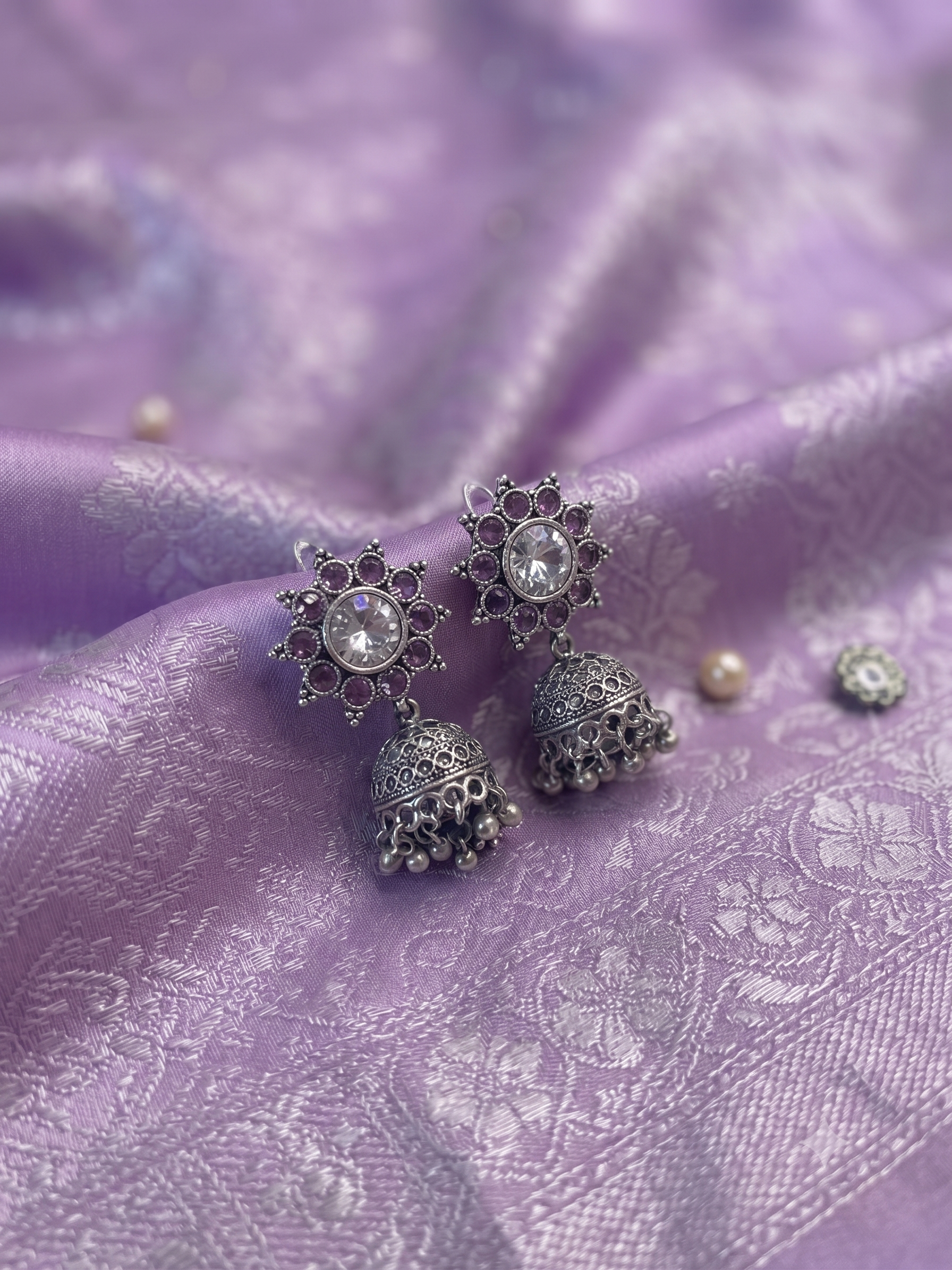 Silver Oxidized White and Purple Jhumka