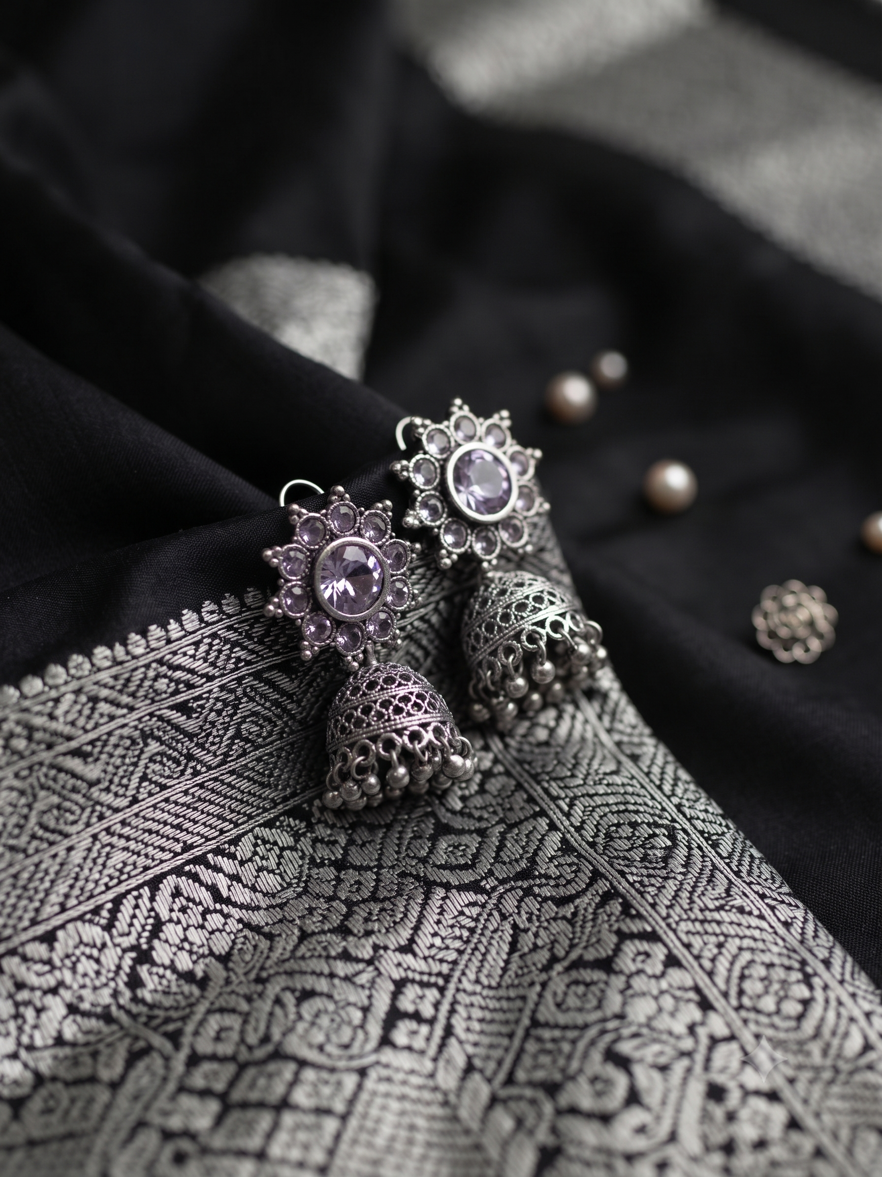 Silver Oxidized Pink Stone Jhumka
