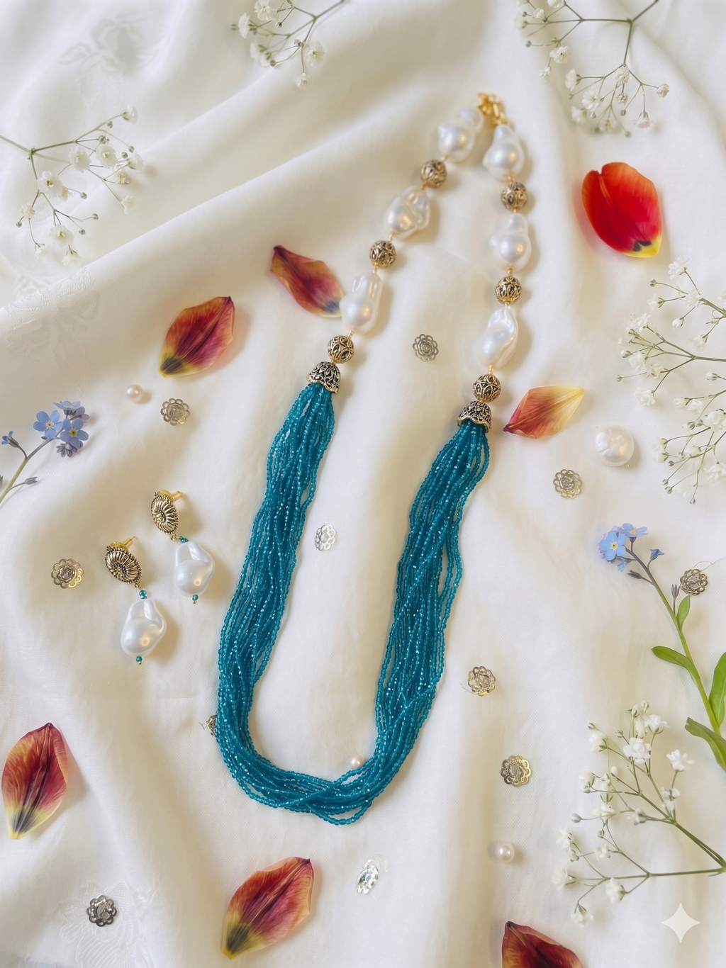 Pearl Beads Long Necklace Set
