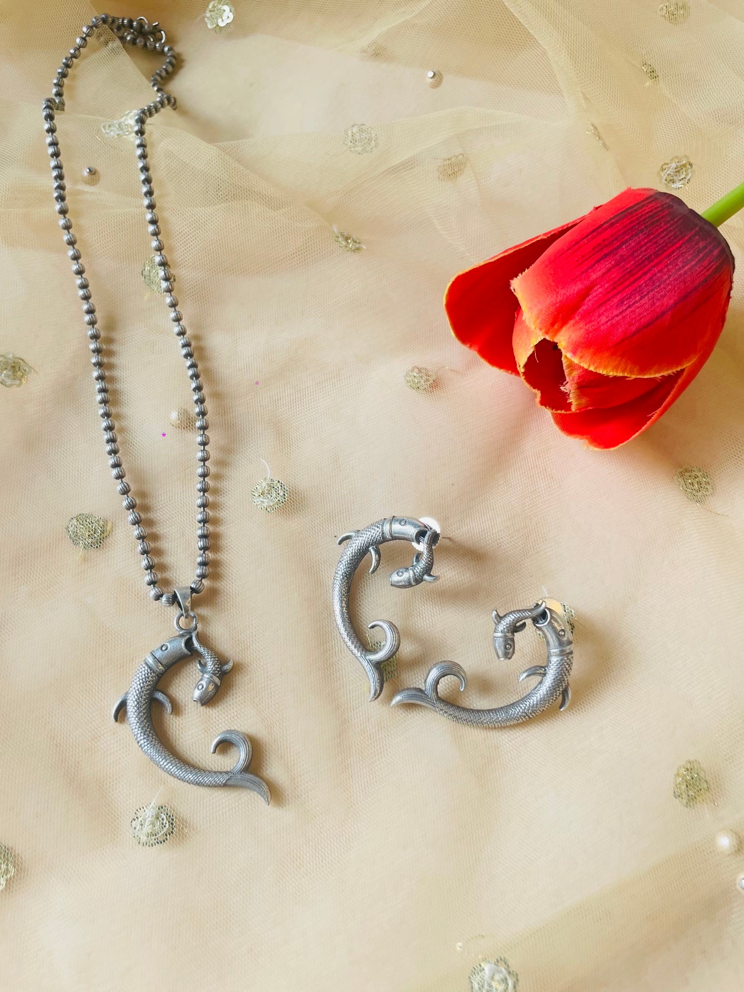 Oxidized Fish Necklace Set