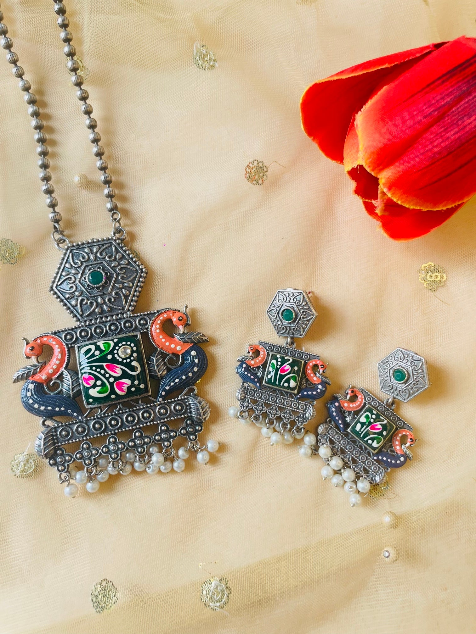 Hand Painted Oxidized Necklace Set