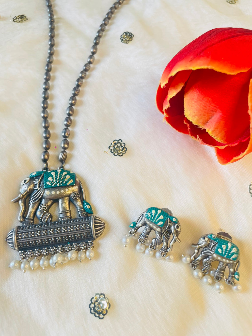 Hand Painted Oxidized Necklace Set