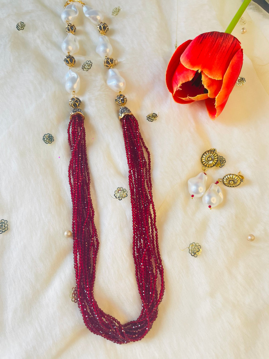 Pearl Beads Long Necklace Set