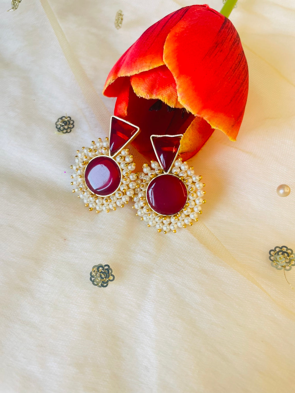 Maroon Cluster Pearl Earring