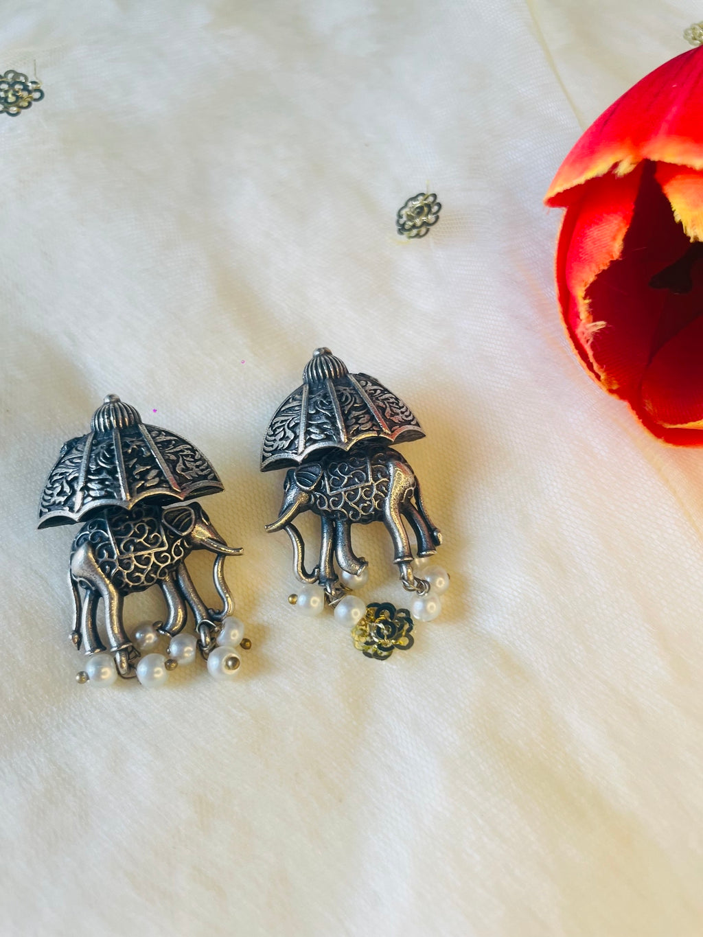 Silver Oxidized Elephant Earring