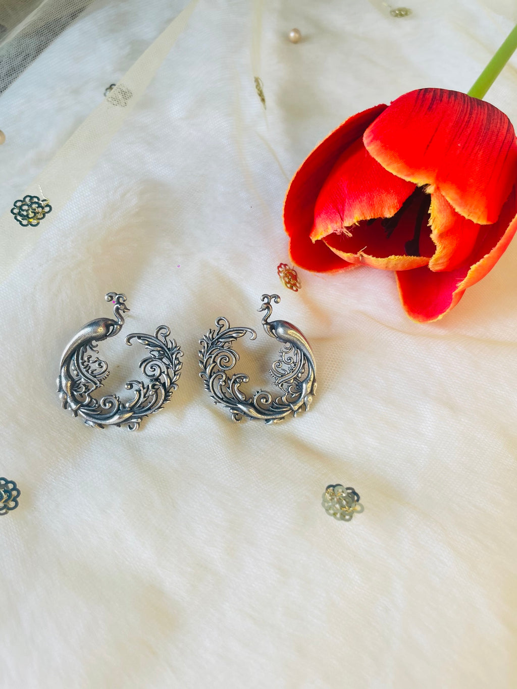 Silver Oxidized Peacock Earring