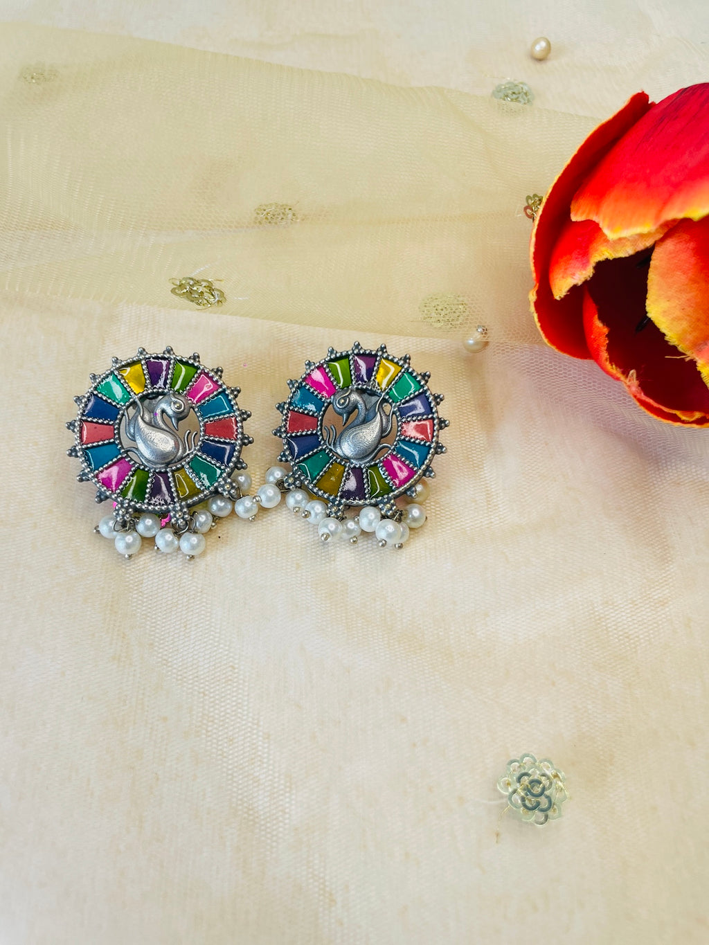 Silver Oxidized Multi Painted Earring