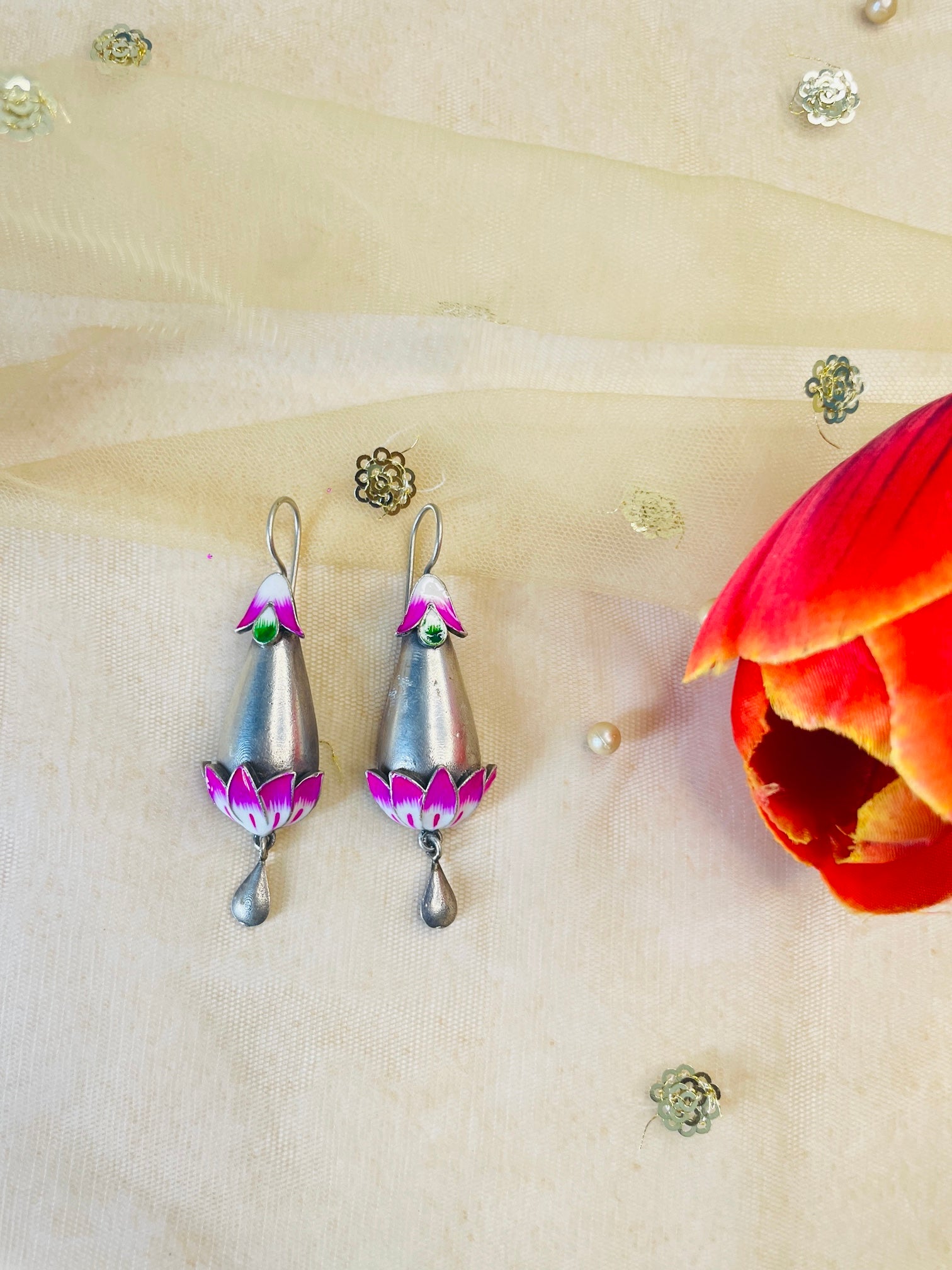 Silver Oxidized Lotus Earring