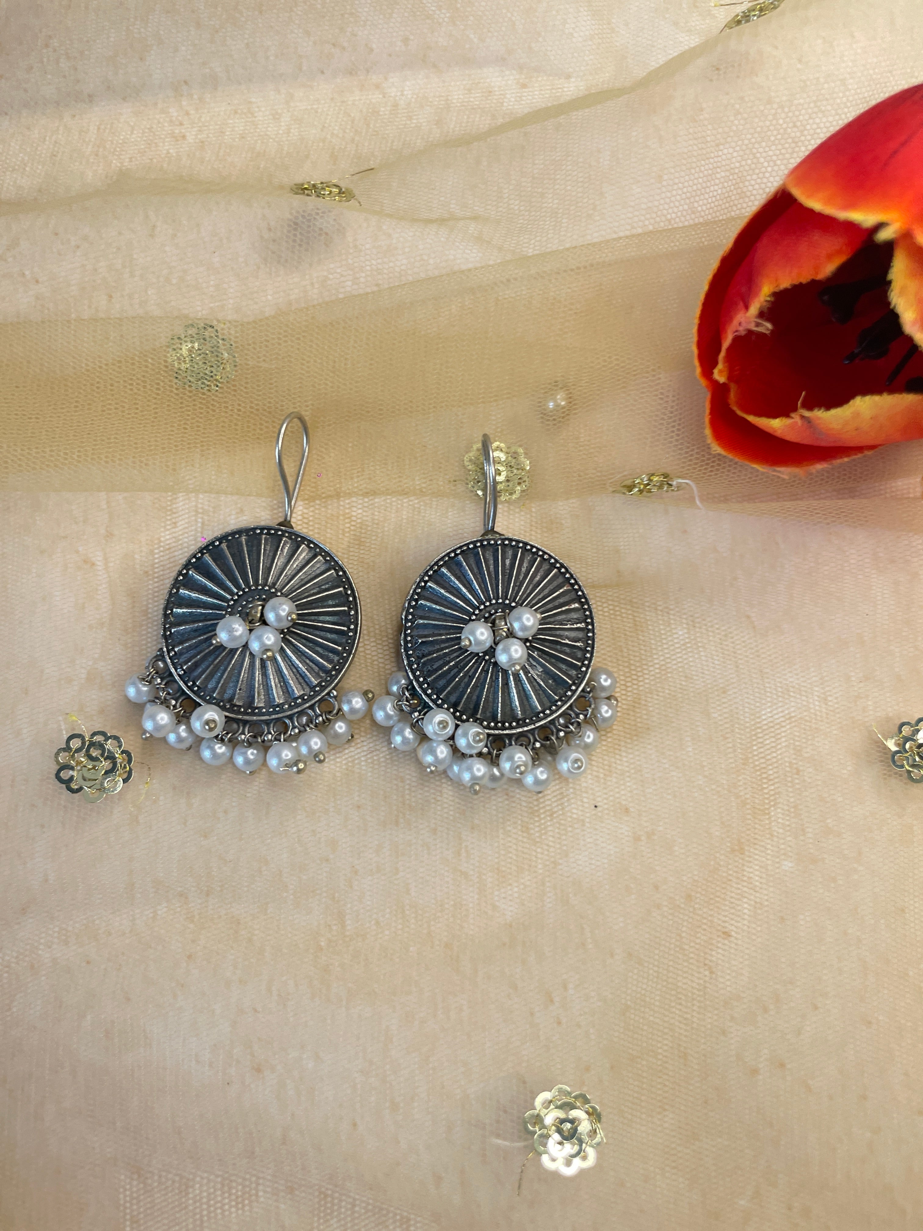 Silver Oxidized Round Drop Earring