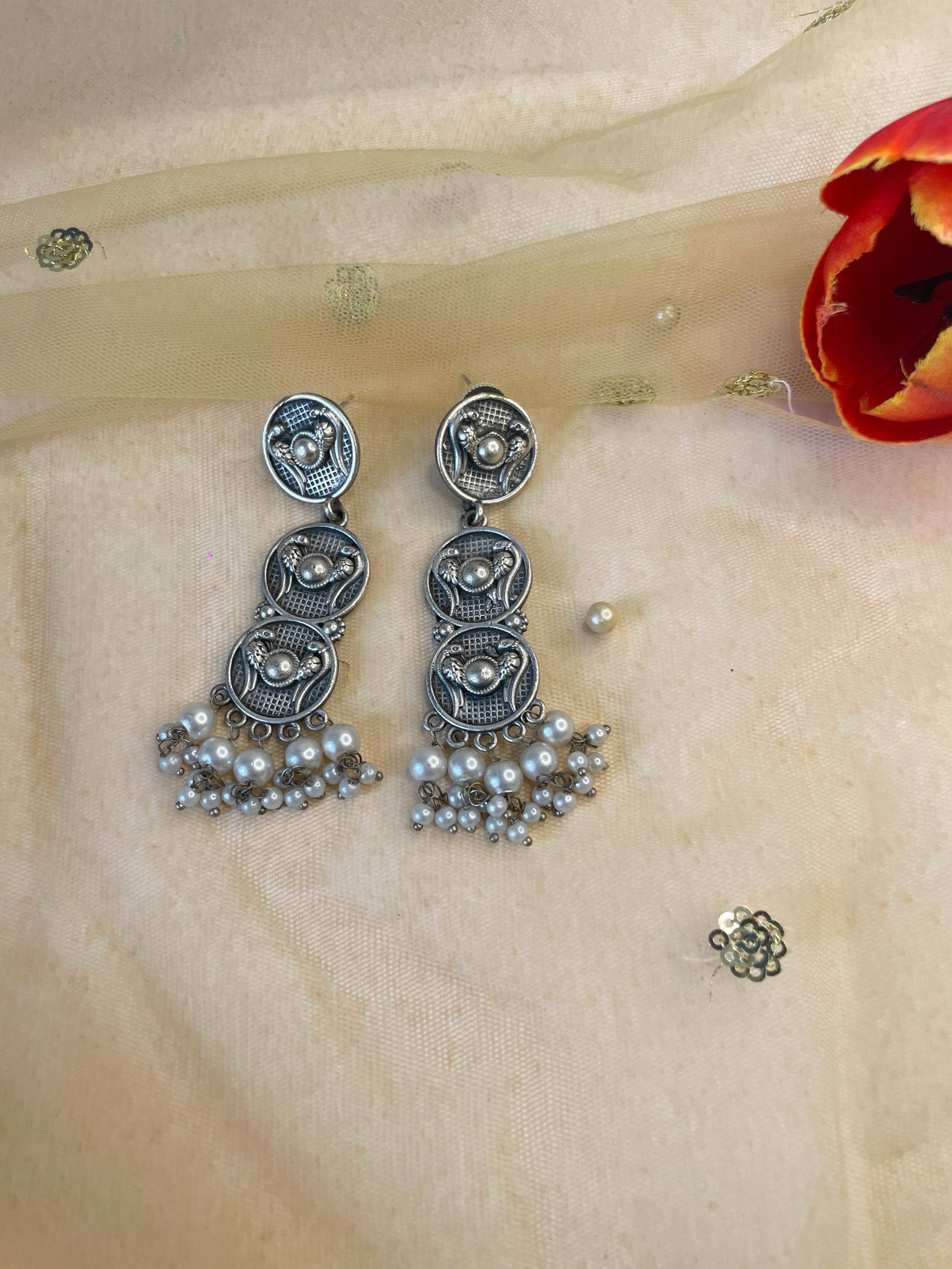 Silver Oxidized Long Drop Earring