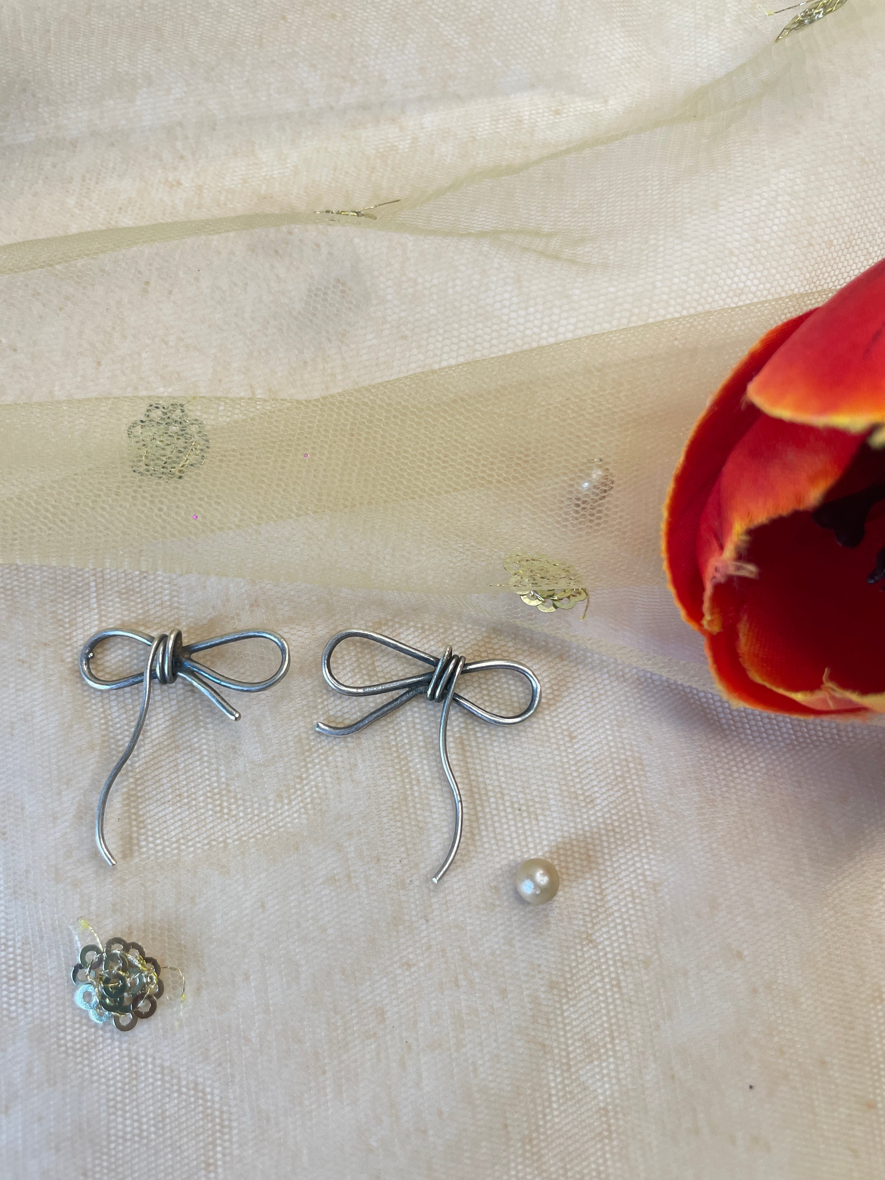 Silver Oxidized Bow Earring