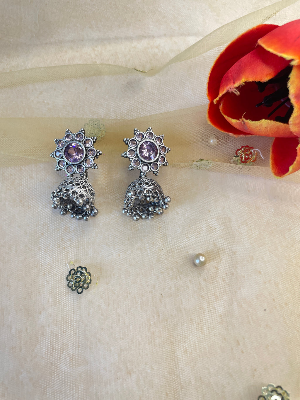 Silver Oxidized Pink Stone Jhumka