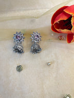 Silver Oxidized Pink Stone Jhumka