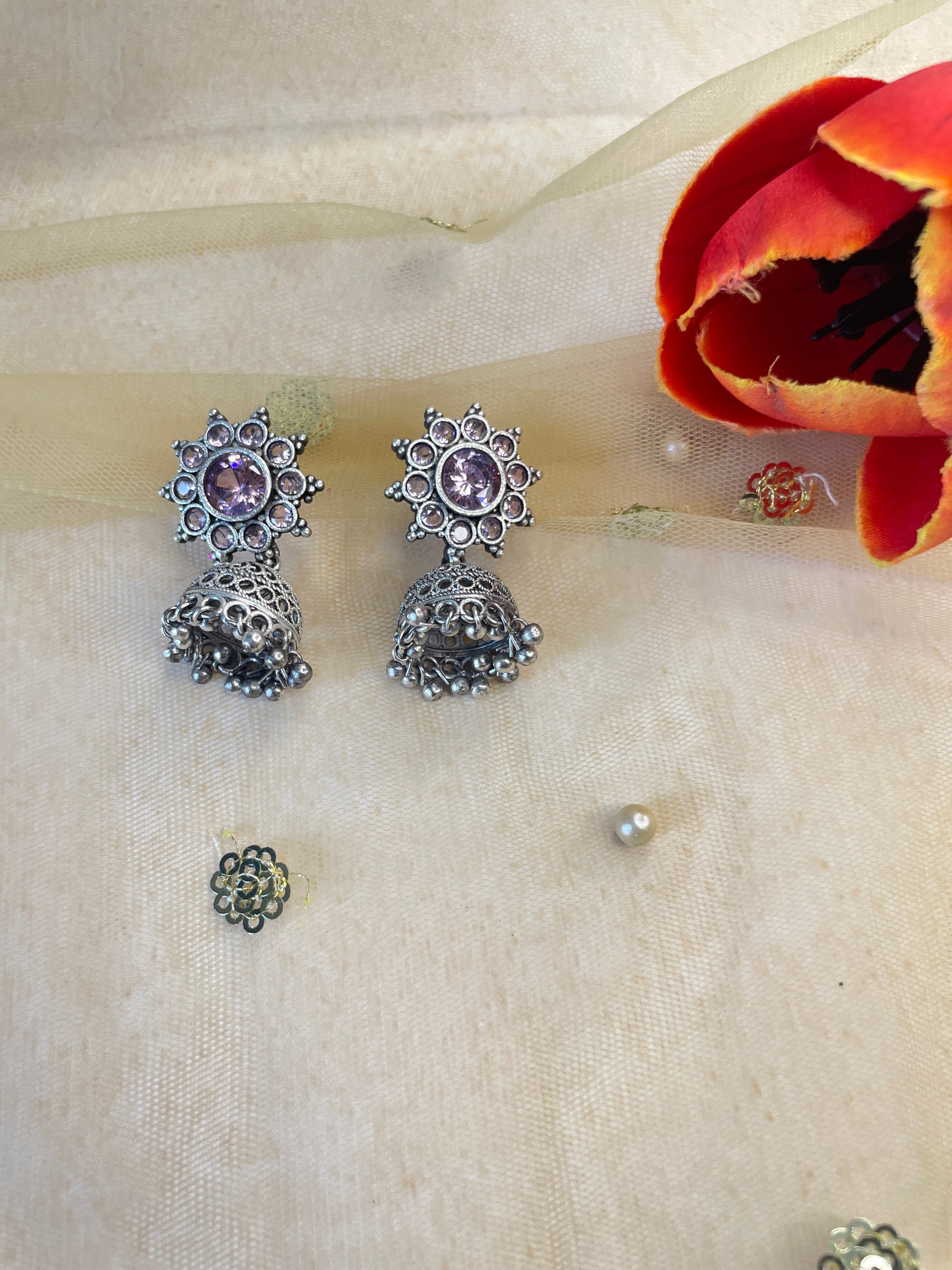 Silver Oxidized Pink Stone Jhumka