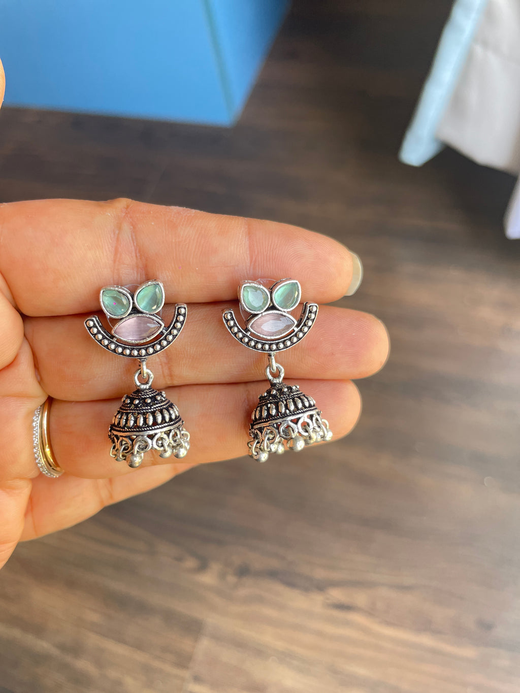 Silver Oxidized Pink Green Jhumka