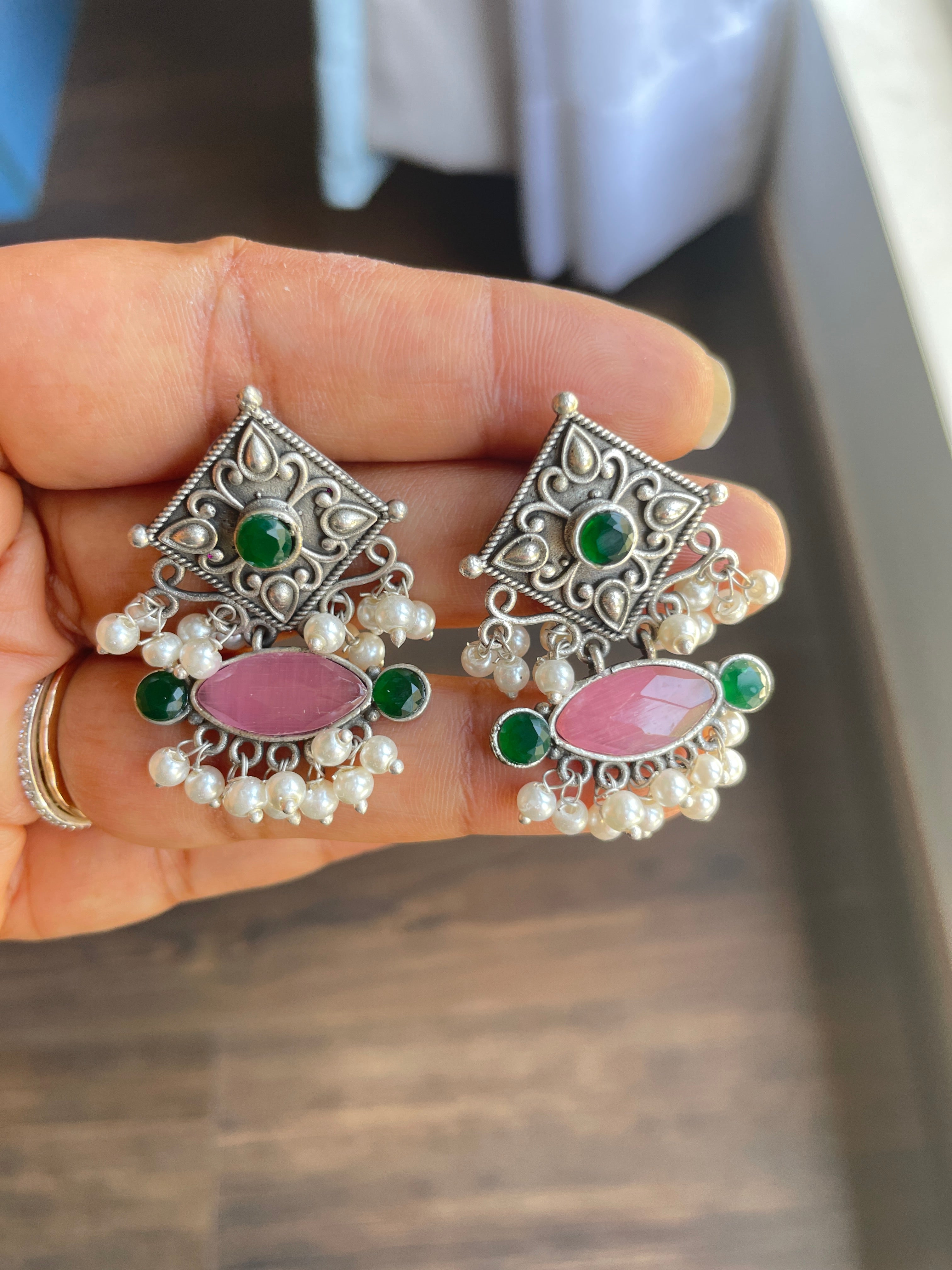 Silver Oxidized Pink and Green Drop Earrings