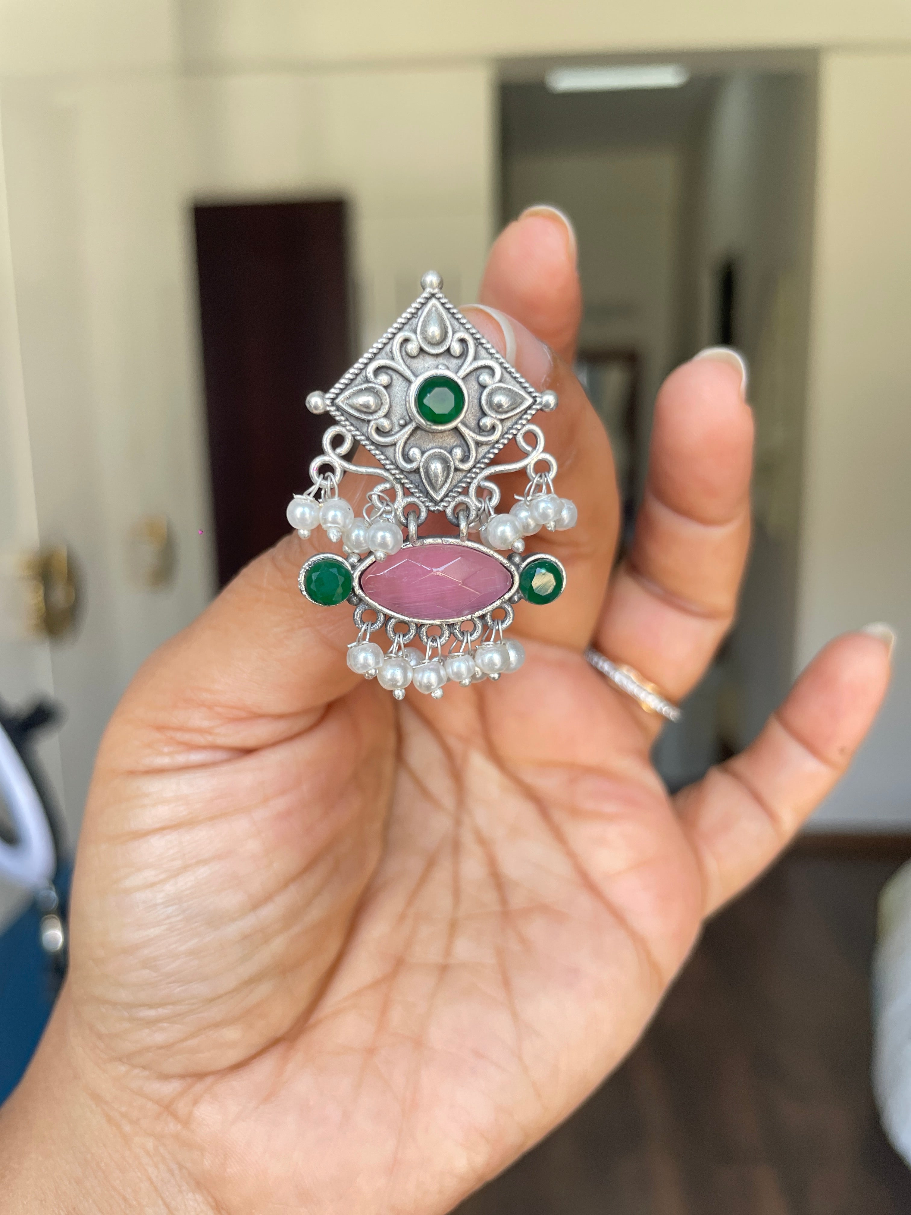 Silver Oxidized Pink and Green Drop Earrings