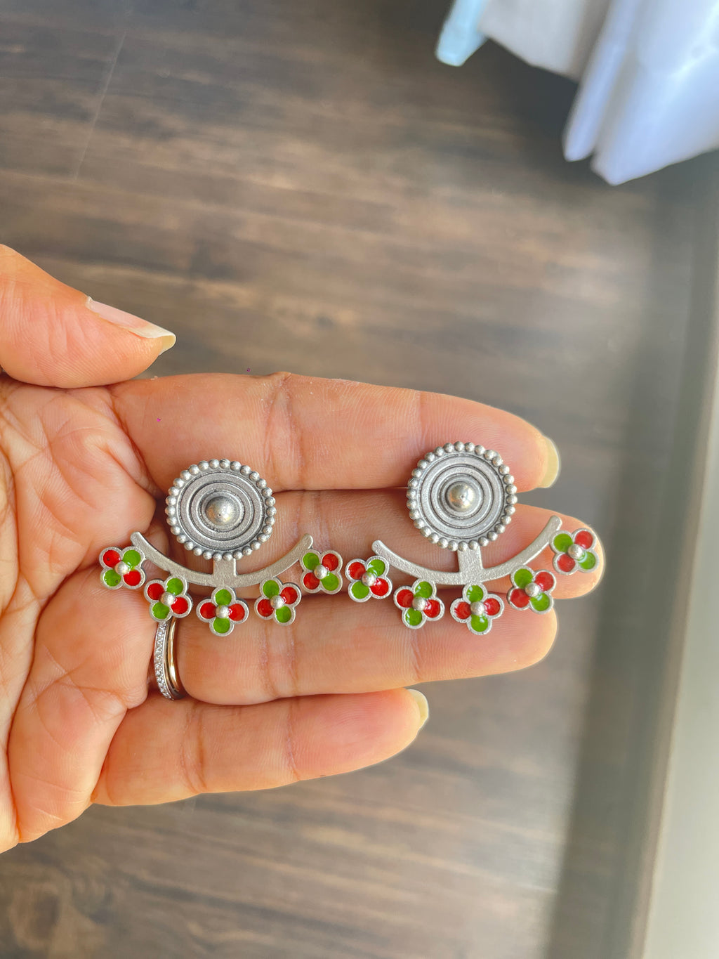 Silver Oxidized Red and Green Earring