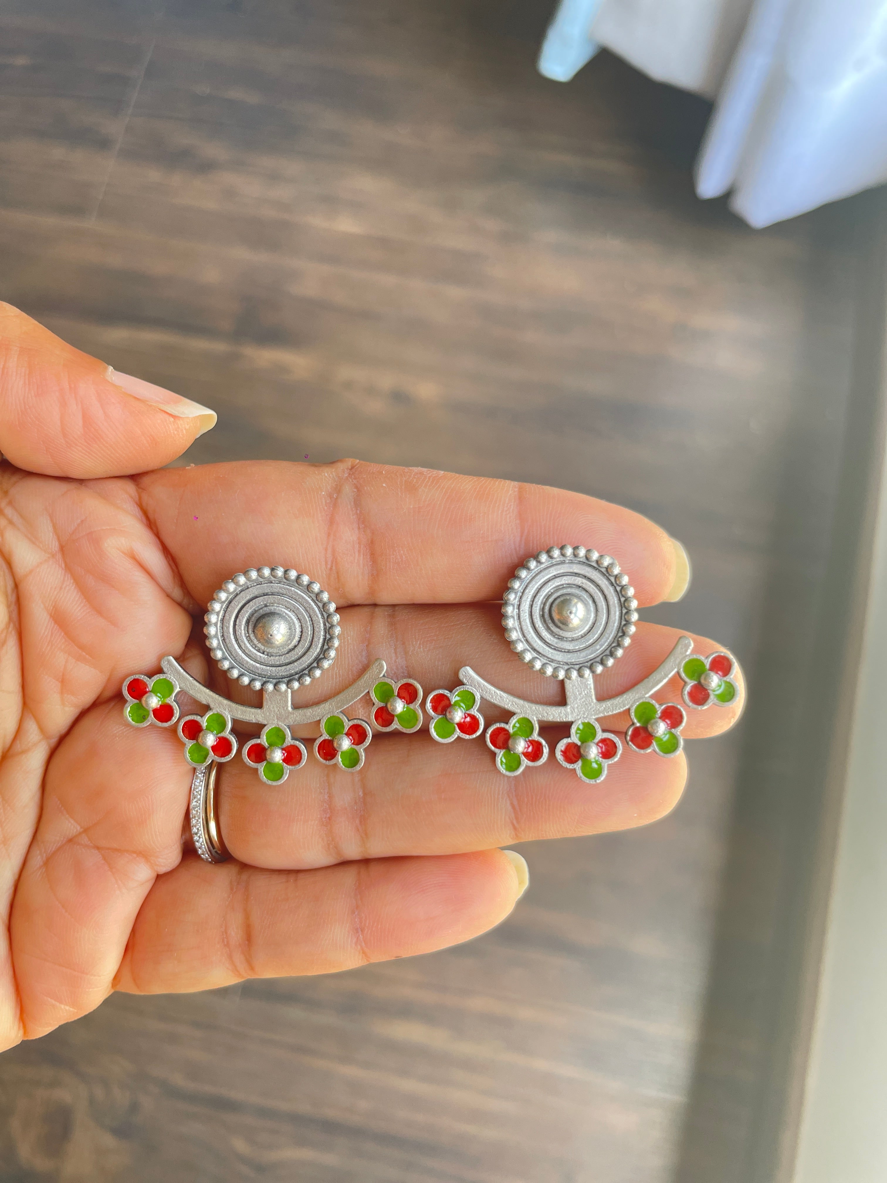 Silver Oxidized Red and Green Earring