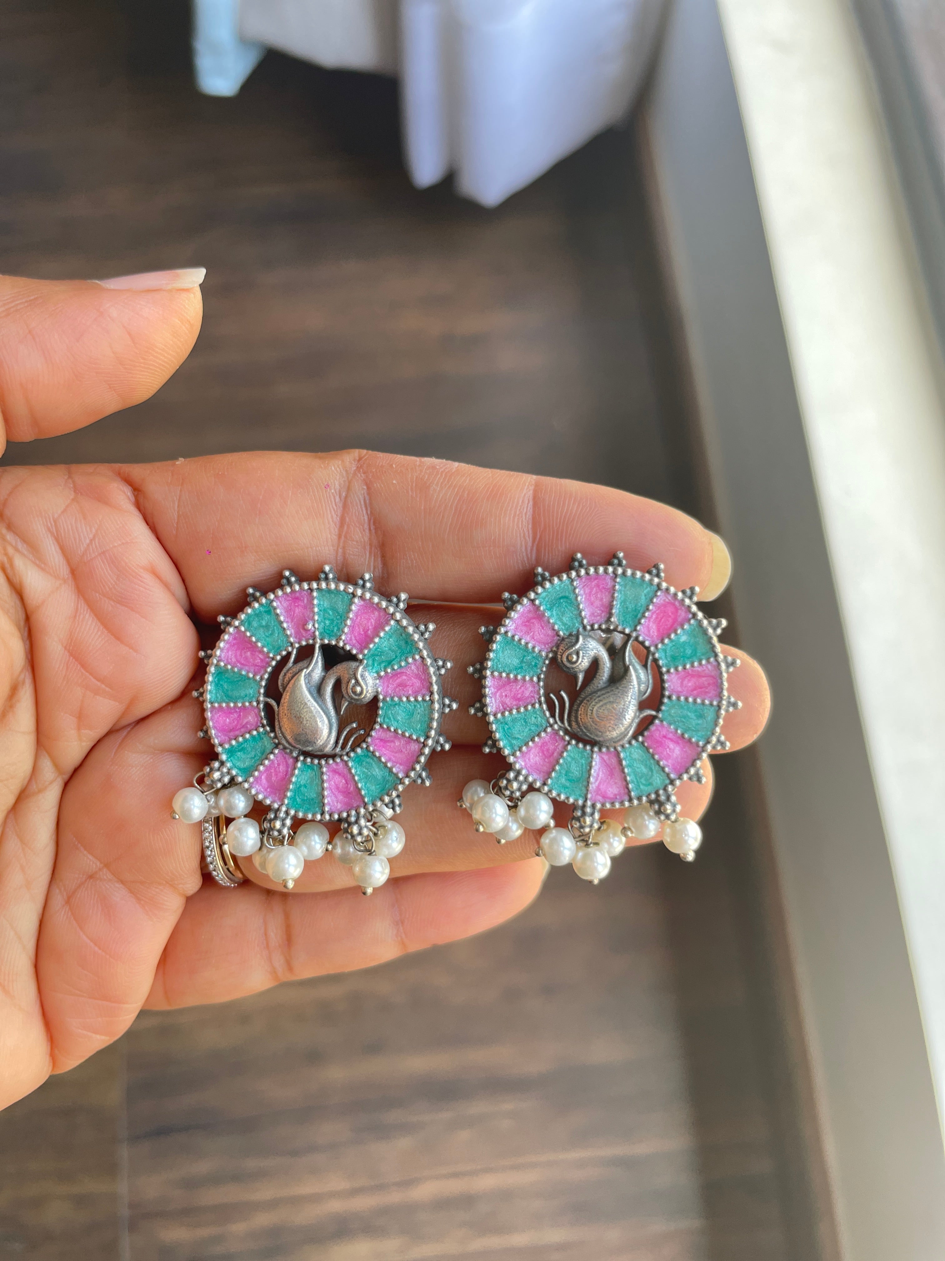 Silver Oxidized Pink Green Round Stud