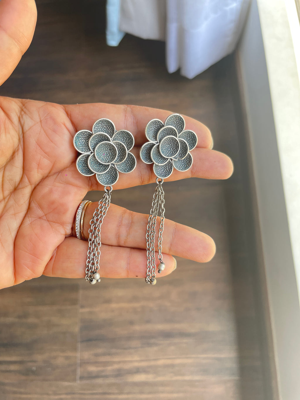 Silver Oxidized Flower Drop Earrings