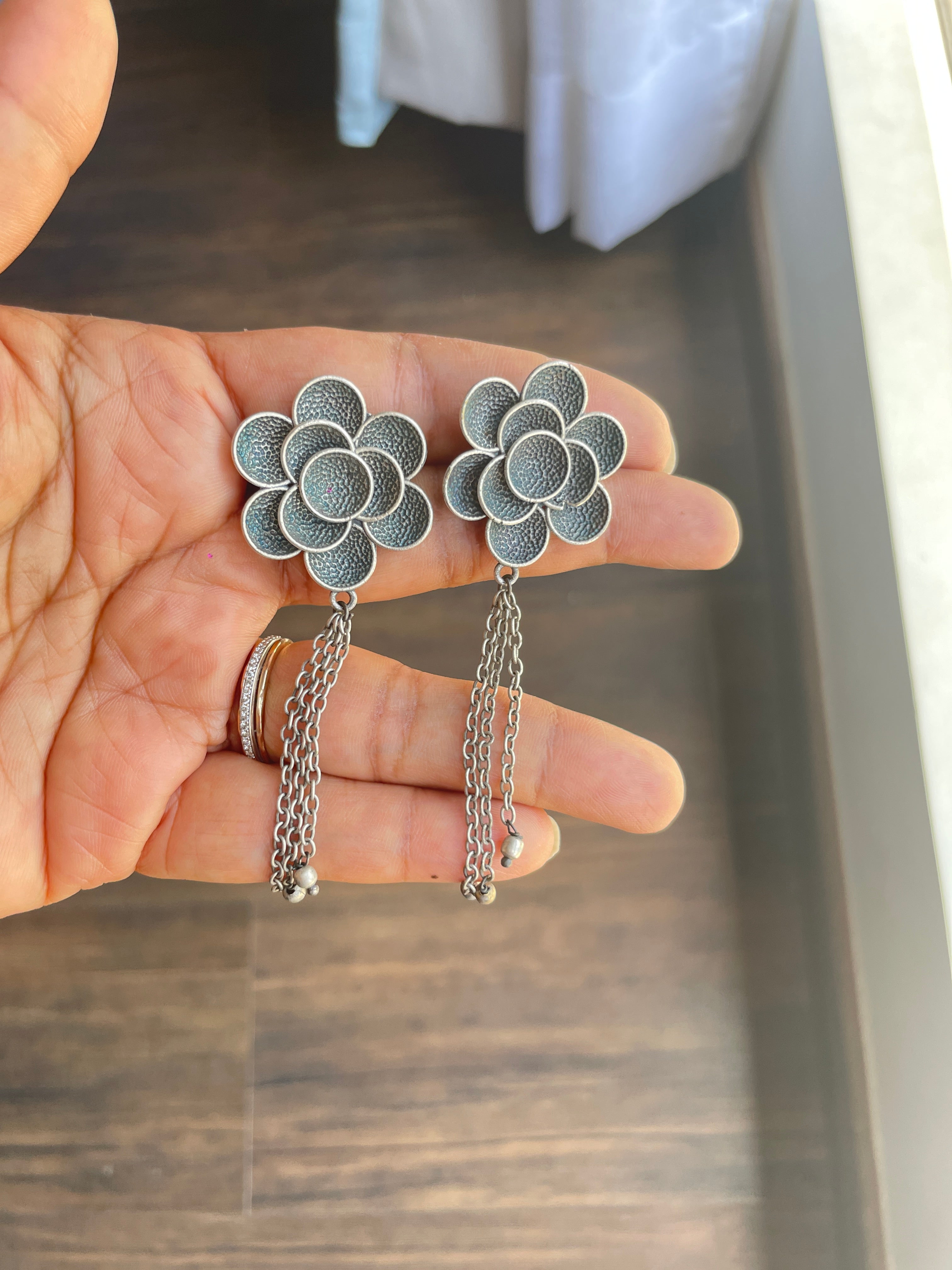 Silver Oxidized Flower Drop Earrings